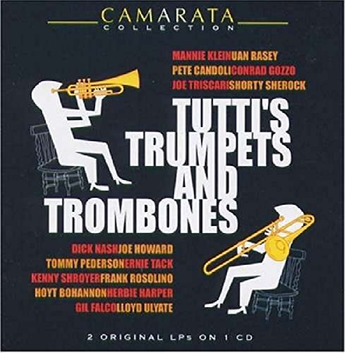 "Tutti's Trumpets and Trombones" CD cover featuring silhouettes of musicians playing brass instruments on black background.