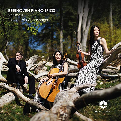 "CD cover featuring three musicians in a forest, with instruments and Orchid Classics logo."