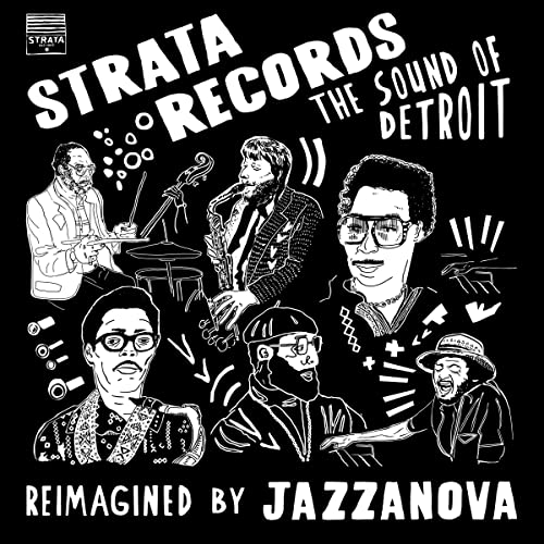 Black and white illustration of musicians, album art for Jazzanova’s “Strata Records.”