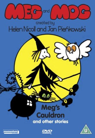 "Blue DVD cover featuring a cartoon witch, owl, and cat against a yellow moon."