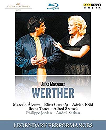 Blu-ray cover for Massenet’s *Werther* opera, featuring two singers onstage.
