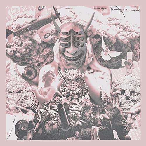 Collage of war imagery, masks, and anatomical details in grayscale.