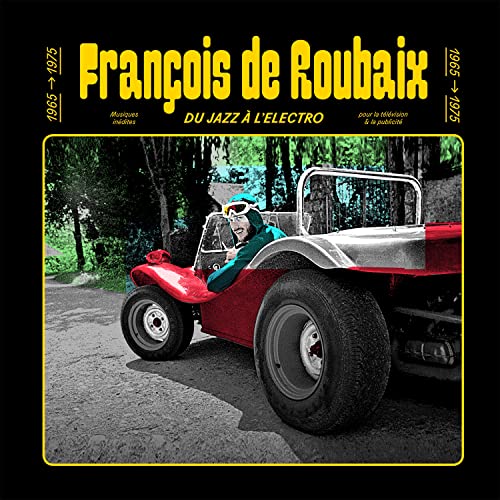 CD cover: man in red dune buggy, forest background, yellow border.