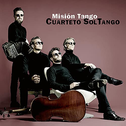 Four musicians in sunglasses with tango instruments against a burgundy background.