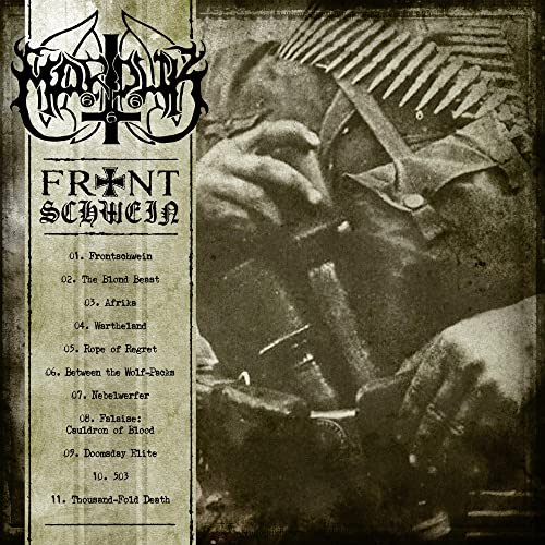 CD cover for Marduk's "Frontschwein" with wartime imagery and band logo.