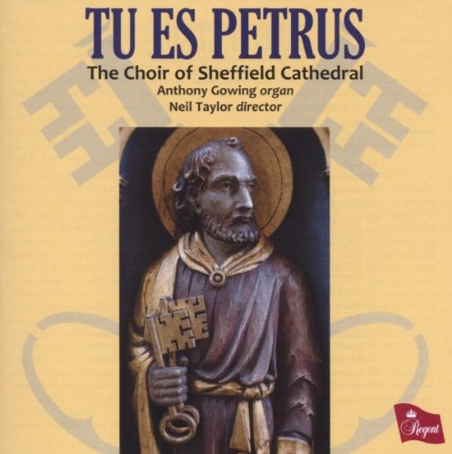 "CD cover featuring a statue of Saint Peter holding a key, on yellow background."
