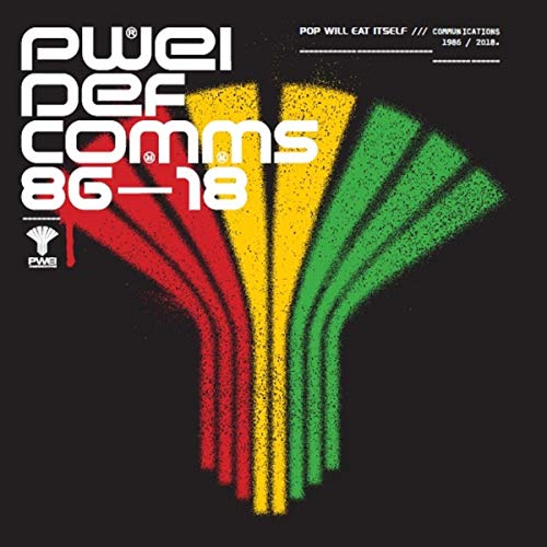 "Album cover with red, orange, and green curved lines on a black background."
