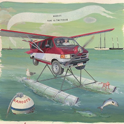 "Album cover art: red and white amphibious vehicle on stilts in water, surrounded by sea creatures."