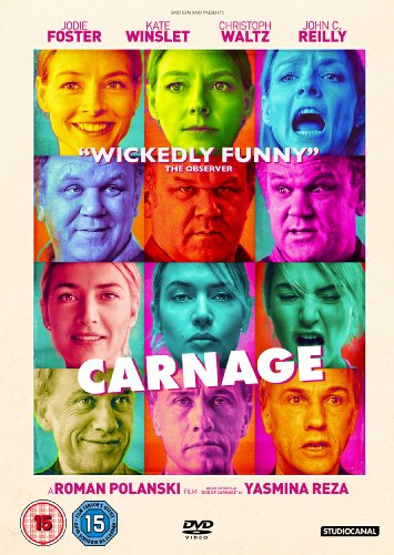 DVD cover for Carnage featuring a grid of colorful, expressive portraits of the cast.