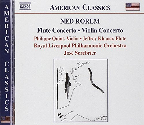 CD cover for Ned Rorem's Flute and Violin Concertos, white background, blue and red text.