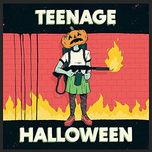 Cartoon of a person with a pumpkin head standing in front of flames.