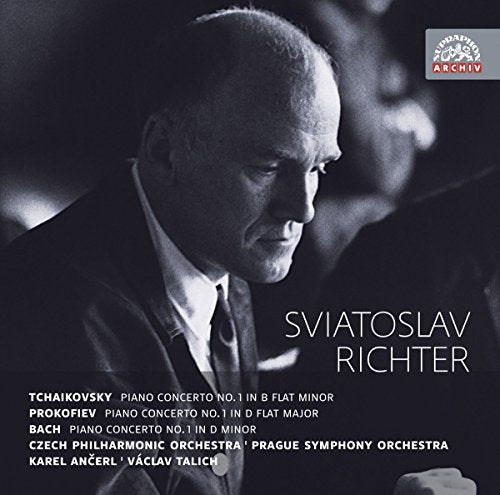 Sviatoslav Richter's CD cover featuring a black and white photo of him playing piano.