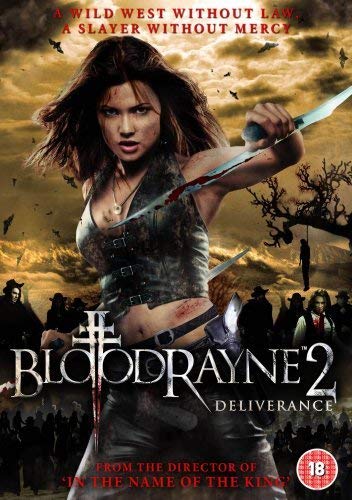 A woman with long dark hair holds a bloody blade against a western background.