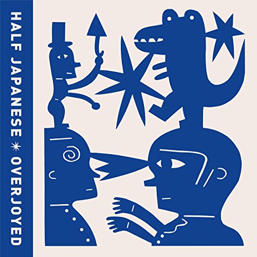 Album cover with blue abstract figures, a dinosaur, and text.