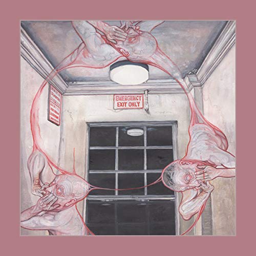 Surreal painting of distorted figures in a hallway, viewed from above.