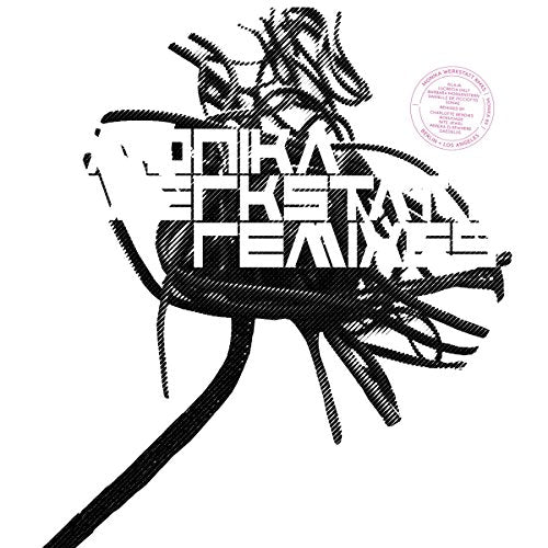 "Black and white vinyl record cover with abstract design and stylized text on a white background."