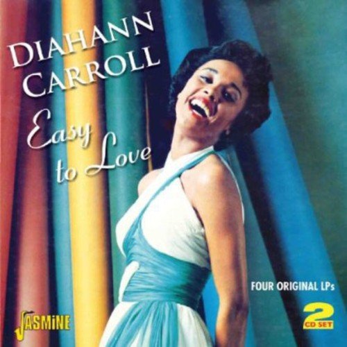 "Diahann Carroll smiles in a blue dress, surrounded by colorful curtains on the album cover."