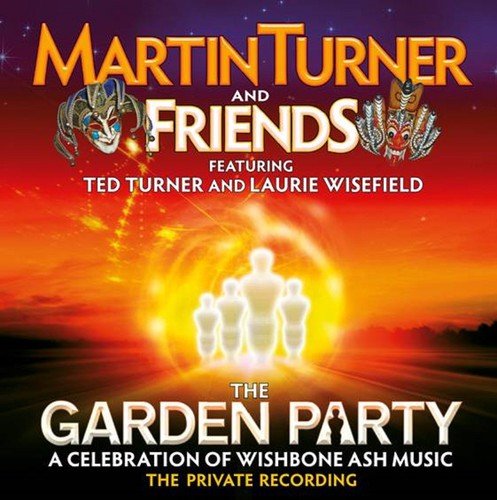 "Album cover with orange sunset background, glowing figures, and text 'Martin Turner and Friends'."
