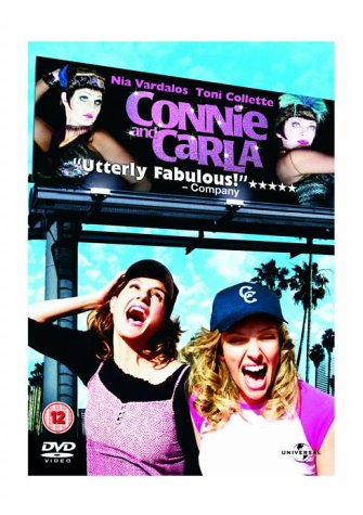 Connie and Carla" DVD cover featuring two women in drag and casual wear.