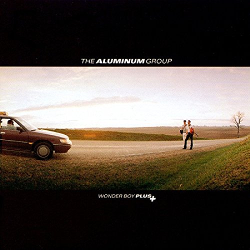 "Album cover with a car and two men on a rural road."