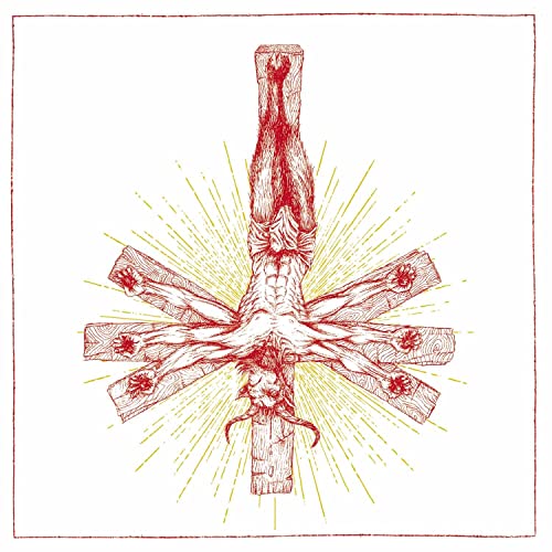 Red, detailed illustration of an inverted crucifix with radiating lines.