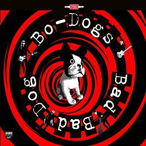 Vinyl record cover: swirling red design with a bulldog and musicians.