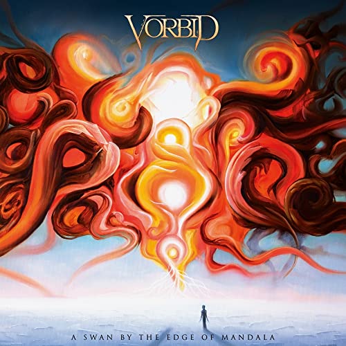 Painted album cover featuring swirling orange and yellow shapes with a small figure.