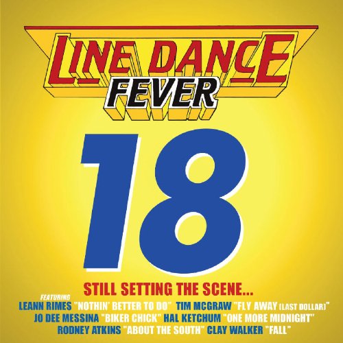 "Album cover with 'Line Dance Fever 18' title, yellow background, and featured artists listed."