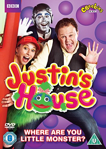 DVD cover featuring Justin Fletcher, a woman, and a silver character against purple bubbles.