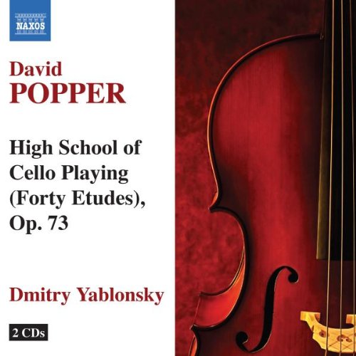 Cello album cover with red cello on marbled background, featuring artist and composer names.