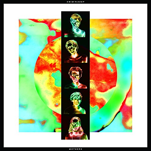 "Album cover with multicolored abstract background and five men's portraits in a vertical strip."