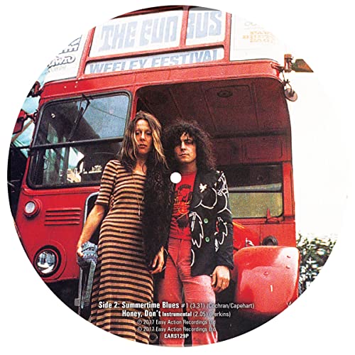 Red picture disc vinyl record featuring T. Rex band members and a bus.