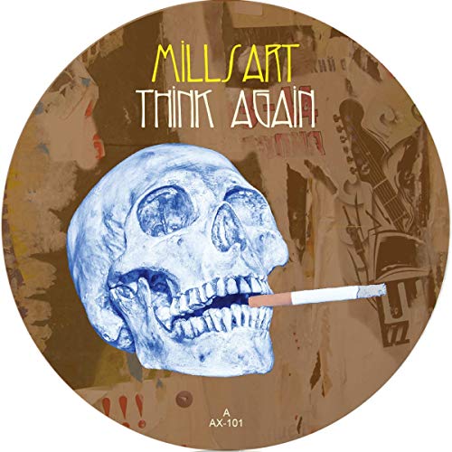 Vinyl record label with a skull, cigarette, and musical instruments.