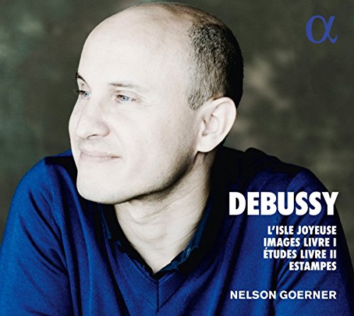 CD cover featuring a man in a blue shirt with text "Debussy" and "Nelson Goerner".