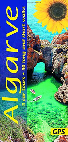 "Book cover with 'Algarve' title, featuring a rocky coastline and a large sunflower."