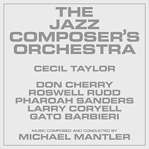 "Album cover with gray text on a beige background, listing jazz musicians and composer."