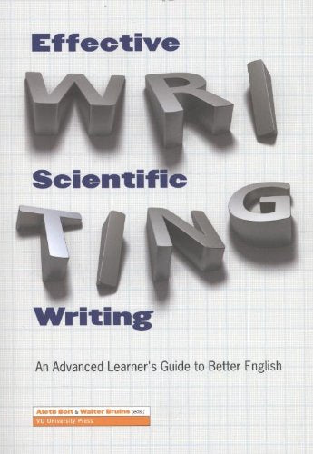 "Book cover with 3D 'WRITING' letters, graph paper background, and title 'Effective Scientific Writing'."