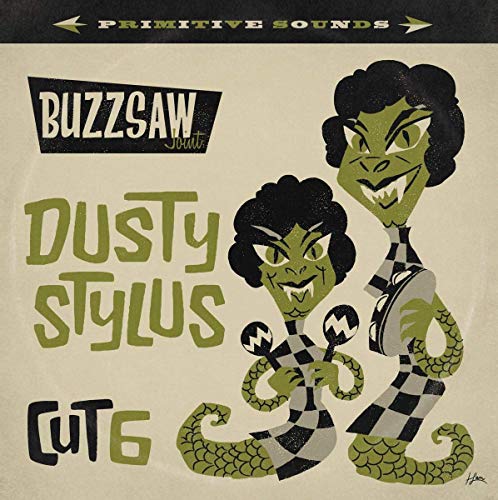 Vinyl album cover featuring cartoon green women with checkered patterns and tan background.
