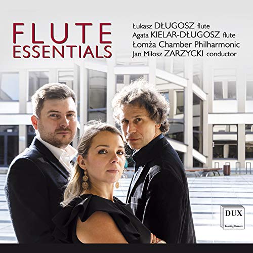 "CD cover with three musicians in black, 'Flute Essentials' title, and modern building background."