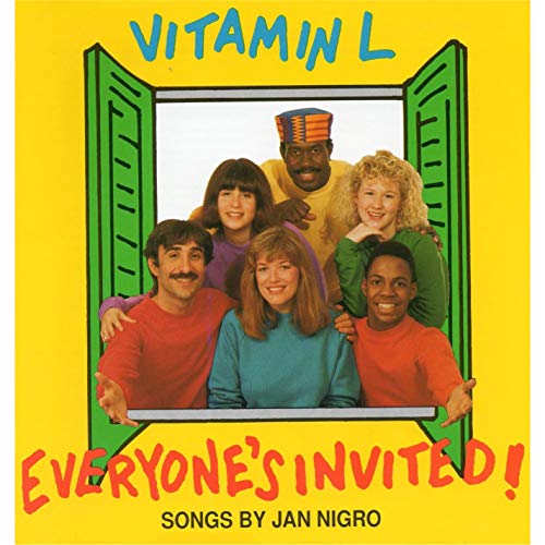 "Album cover with six smiling people in a window, on a yellow background."