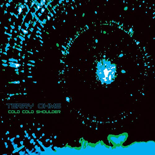 "Terry Ohms CD cover with black background, blue-green splatters, and abstract design."