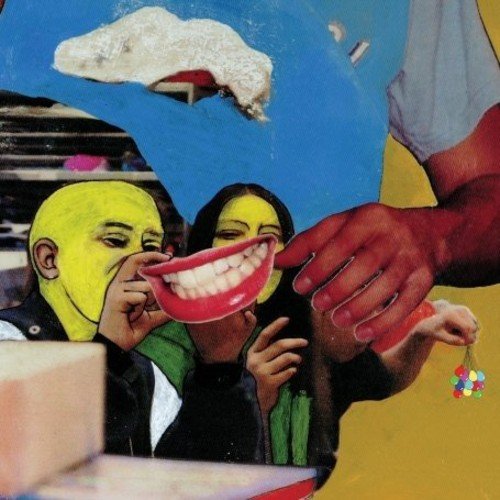 The alt text for the image is: "Album cover with collage of people and oversized teeth."