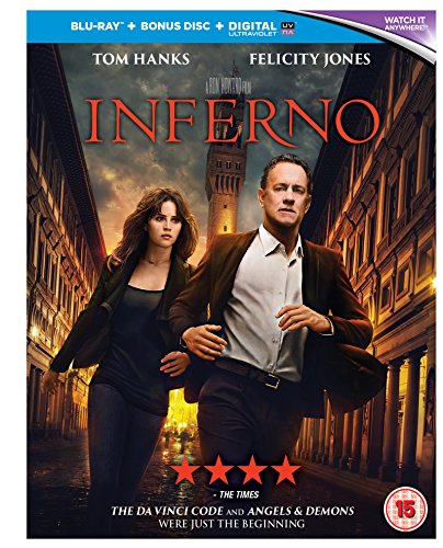 "Blu-ray cover of 'Inferno' featuring Tom Hanks and Felicity Jones walking down a street."