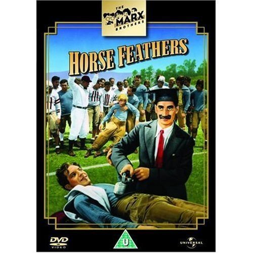 DVD cover for "Horse Feathers" featuring men in suits and sports uniforms on a field.