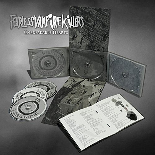 Dark gothic album cover with "Fearless Vampire Killers - Unbreakable Hearts" text, depicting a chaotic cityscape.
