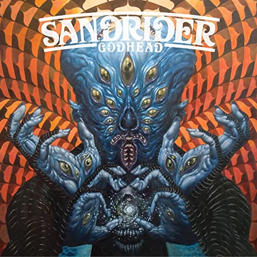 Blue, multi-eyed creature with outstretched hands against an orange, patterned background.