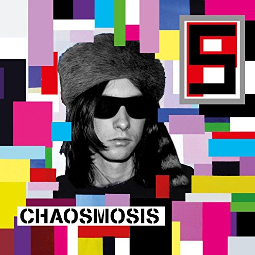 Album cover for Primal Scream’s “Chaosmosis” featuring a pixelated background and portrait.