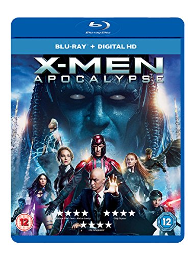 "Blue-ray case for 'X-men: Apocalypse' with superhero characters and villain on the cover."