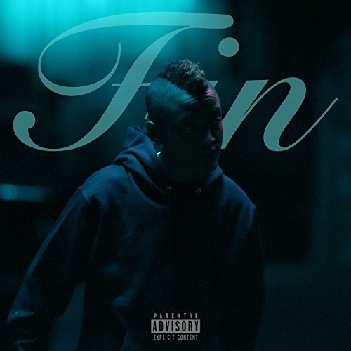 The image depicts a man in a hoodie with the word "Fin" above him. For accessibility purposes, a suitable alt text could be: "Album cover with a man in a dark hoodie."