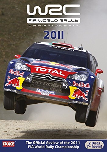 A rally car in mid-air with sponsor logos on its front, on a DVD cover.